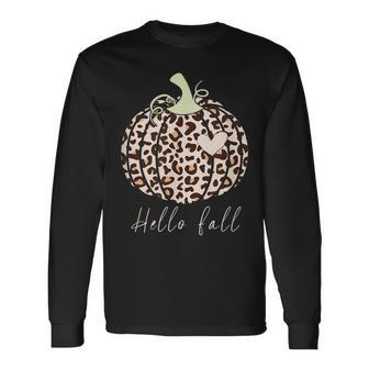 Hello Fall Animal Print Leopard Heart Pumpkin Fall Halloween Long Sleeve T-Shirt - Seseable