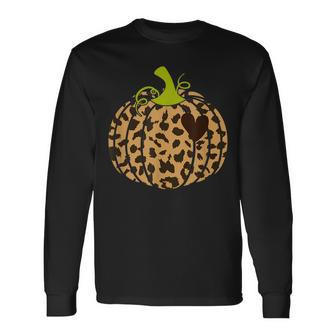 Hello Fall Animal Print Leopard Heart Pumpkin Fall Halloween V2 Long Sleeve T-Shirt - Seseable