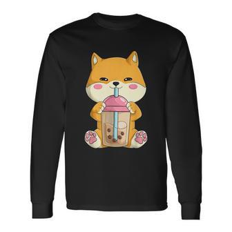 Japanese Shiba Inu Shirts Womenn Girls Kawaii Bubble Boba Tea Long Sleeve T-Shirt - Monsterry AU