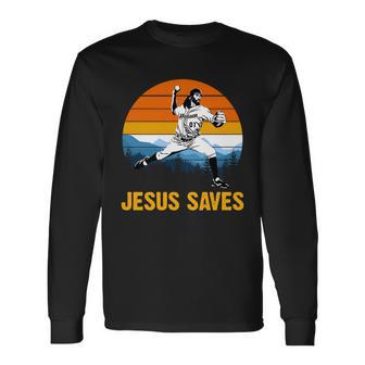 Jesus Saves Retro Baseball Pitcher Long Sleeve T-Shirt - Monsterry