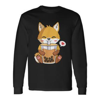 Kawaii Anime Fox Drinking Boba Bubble Tea Lover Long Sleeve T-Shirt - Thegiftio UK
