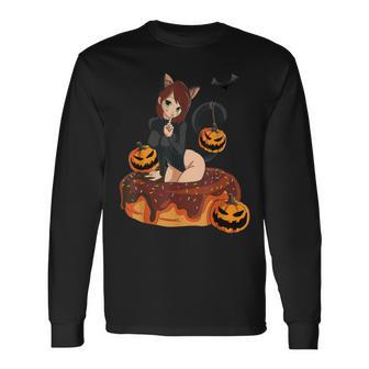 Kawaii Anime Halloween Black Cat Sexy Anime Girl In Donut Long Sleeve T-Shirt - Seseable