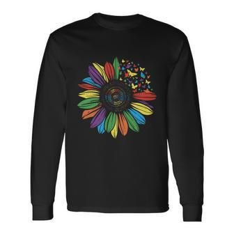 Lgbt Rainbow Color Sunflower Butterfly Pride Month Long Sleeve T-Shirt - Monsterry DE