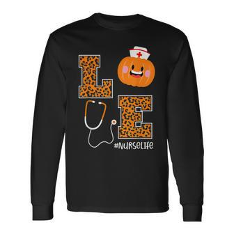 Love Nurse Life Pumpkin Leopard Fall Halloween Nurses Long Sleeve T-Shirt - Seseable