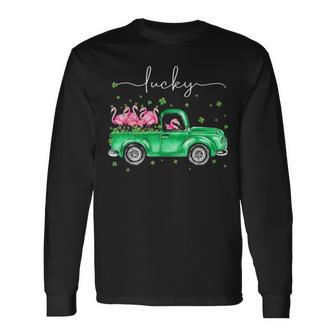Lucky Flamingo Riding Green Truck Shamrock St Patricks Day Long Sleeve T-Shirt - Thegiftio UK