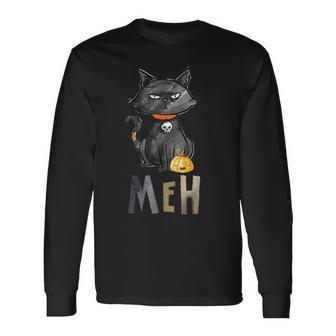 Meh Cat Black For Women Halloween Long Sleeve T-Shirt - Seseable
