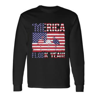 Merica Flamingo Usa Flag 4Th Of July Flock Yeah Graphic Plus Size Shirt Long Sleeve T-Shirt - Monsterry