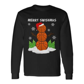 Merry Swishmas Ugly Sweater Basketball Christmas Snowman Basketball Character Long Sleeve T-Shirt - Monsterry