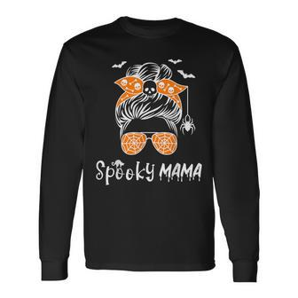 Messy Bun Spooky Mama Mom Halloween Costume Skull V2 Long Sleeve T-Shirt - Seseable