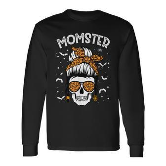 Momster Halloween Costume Skull Mom Messy Hair Bun Monster Long Sleeve T-Shirt - Seseable