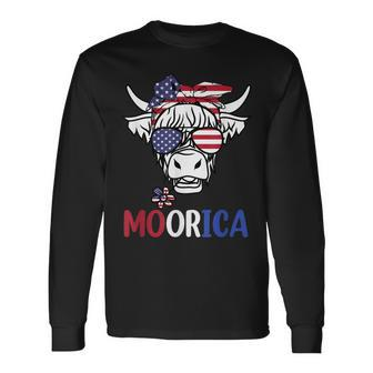 Moorica Highland Cow 4Th Of July Usa Patriotic Cow V2 Long Sleeve T-Shirt - Seseable