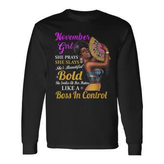 November Girl Scorpio Birthday Melanin Afro Queen Women Long Sleeve T-Shirt - Seseable