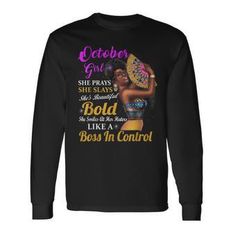 October Girl Libra Birthday Melanin Afro Queen Long Sleeve T-Shirt - Seseable