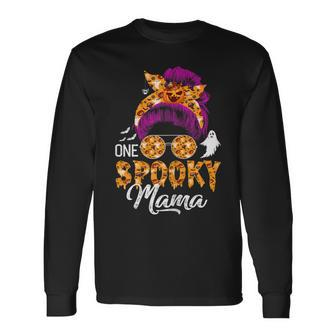 One Spooky Mama Halloween Messy Bun Hair Ghosts Lover Long Sleeve T-Shirt - Seseable
