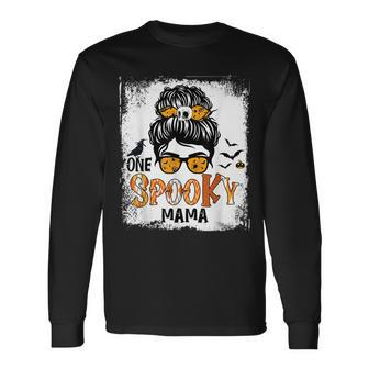 One Spooky Mama For Halloween Messy Bun Mom Monster Bleached V5 Long Sleeve T-Shirt - Seseable