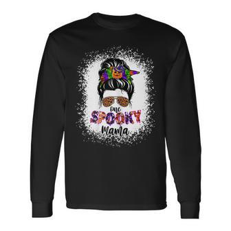 One Spooky Mama Witchy Mama Halloween Messy Bun Mom Bleached Long Sleeve T-Shirt - Seseable