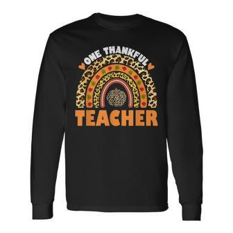 One Thankful Teacher Leopard Rainbow Pumpkin Thanksgiving V2 Long Sleeve T-Shirt - Seseable