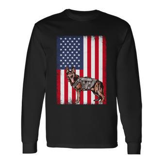 Patriotic German Shepherd American Flag Grunge Dog Lover Long Sleeve T-Shirt - Monsterry UK