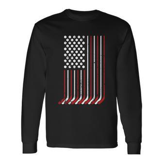 Patriotic Us American Hockey Sticks And Stars Stripes Flag Long Sleeve T-Shirt - Monsterry UK