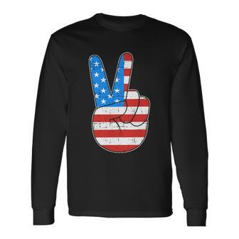 Peace Hand Sign With Usa American Flag For 4Th Of July Long Sleeve T-Shirt - Monsterry