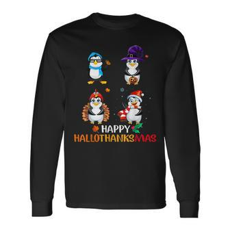 Penguin Halloween And Merry Christmas Happy Hallothanksmas Sweatshirt Men Women Long Sleeve T-Shirt T-shirt Graphic Print - Thegiftio UK
