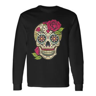 Pink Rose Sugar Skull Dia De Los Muertos Mexican Halloween Men Women Long Sleeve T-Shirt T-shirt Graphic Print - Thegiftio UK