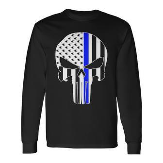 Police Usa Skull Thin Blue Line Tshirt Long Sleeve T-Shirt - Monsterry CA