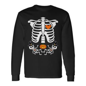 Pregnant Halloween Skeleton Baby Twins Witch Pumpkin Costume Long Sleeve T-Shirt - Thegiftio UK