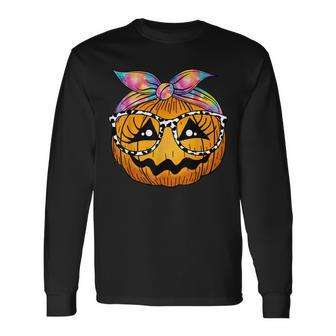 Pumpkin Face Tie Dye Leopard Glasses Halloween Costume Long Sleeve T-Shirt - Seseable