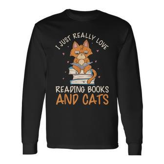 Reading Books And Cats Cat Book Lovers Reading Book Long Sleeve T-Shirt - Thegiftio UK
