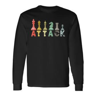 Retro Chess Pieces King Queen Bishop Knight Strategy Long Sleeve T-Shirt - Seseable