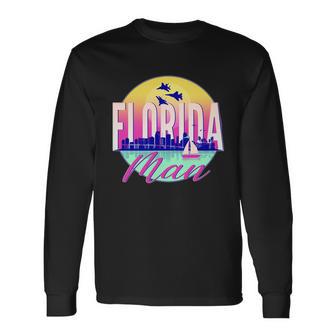 Retro Florida Man Miama Skyline With Fighter Jets Long Sleeve T-Shirt - Monsterry DE