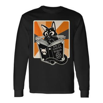 Retro Halloween Black Cat Witch Book Cat Lover Long Sleeve T-Shirt - Seseable