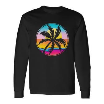 Retro Ocean Sun Palm Tree Emblem Long Sleeve T-Shirt - Monsterry CA