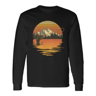 Retro Sunset Sunrise Fly Fisherman Tshirt Long Sleeve T-Shirt - Monsterry