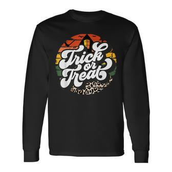 Retro Vintage Trick Or Treat Leopard Halloween Vibes Long Sleeve T-Shirt - Thegiftio UK