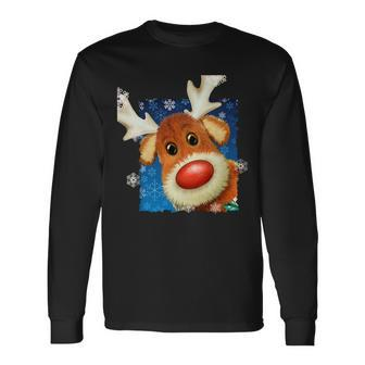 Rudolph Red Nose Reindeer Closeup Christmas Tshirt Long Sleeve T-Shirt - Monsterry