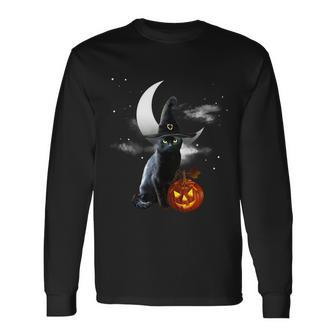 Scary Halloween Black Cat Witch Hat & Pumpkin 2021 Long Sleeve T-Shirt - Seseable