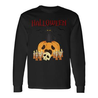 Scary Pumpkin And Black Cat Halloween Trick Or Treat Long Sleeve T-Shirt - Seseable