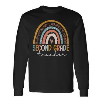 Second Grade Teacher Teach Love Inspire Boho Rainbow Long Sleeve T-Shirt - Seseable