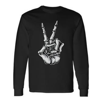 Skeleton Hand Peace Sign Halloween Night Party Costume Long Sleeve T-Shirt - Seseable