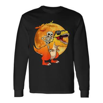 Skeleton Riding Dinosaur Lazy Halloween Bats T-Rex Men Women Long Sleeve T-Shirt T-shirt Graphic Print - Thegiftio UK