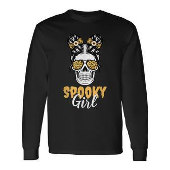 Spooky Halloween Girl Skull Messy Bun Leopard Costume Long Sleeve T-Shirt - Seseable