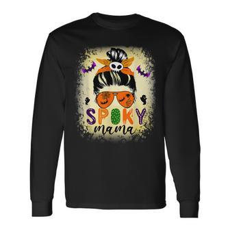 Spooky Mama Messy Skull Mom Scary Leopard Witch Halloween Long Sleeve T-Shirt - Seseable
