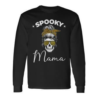 Spooky Mama Skull Messy Bun Glasses Leopard Halloween V2 Long Sleeve T-Shirt - Seseable