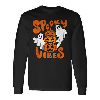 Spooky Vibes Ghost Scary Pumpkin Face Halloween Long Sleeve T-Shirt - Seseable