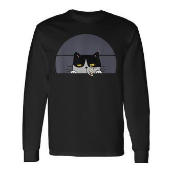 Stoned Black Cat Smoking And Peeking Sideways With Cannabis Long Sleeve T-Shirt - Seseable
