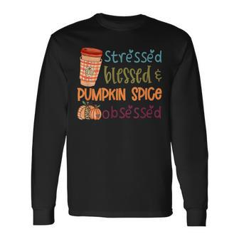 Stressed Blessed & Pumpkin Spice Obsessed Cute Heart Leopard Men Women Long Sleeve T-Shirt T-shirt Graphic Print - Thegiftio UK