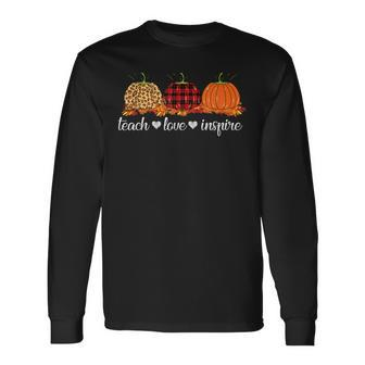 Teach Love Inspire Teacher Autumn Fall Pumpkin Leopard Plaid V2 Long Sleeve T-Shirt - Seseable