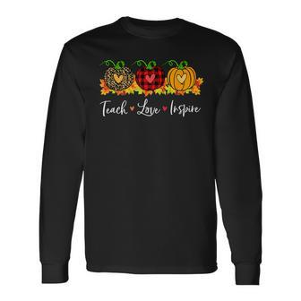 Teach Love Inspire Teacher Autumn Fall Pumpkin Leopard Plaid V3 Long Sleeve T-Shirt - Seseable